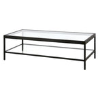 Table basse rectangulaire contemporaine de 137 cm avec plateau en verre et base en acier, étagère inférieure pour rangement, parfaite pour le salon