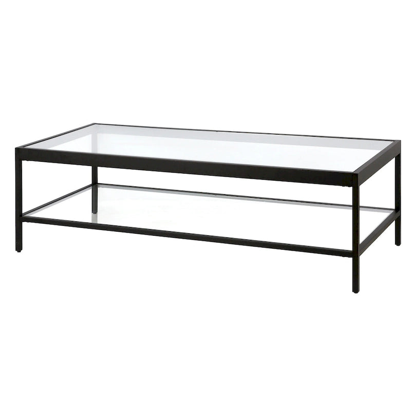 Table basse rectangulaire contemporaine de 137 cm avec plateau en verre et base en acier, étagère inférieure pour rangement, parfaite pour le salon