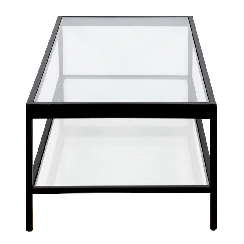 Table basse rectangulaire contemporaine de 137 cm avec plateau en verre et base en acier, étagère inférieure pour rangement, parfaite pour le salon