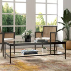 Table basse rectangulaire contemporaine de 137 cm avec plateau en verre et base en acier, étagère inférieure pour rangement, parfaite pour le salon