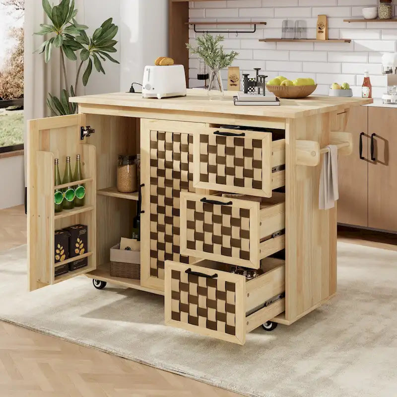 Îlot de cuisine avec motif damier tissé en 3D, abattant, étagère de rangement interne, prise de courant, 3 tiroirs et 2 placards