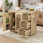 Îlot de cuisine avec motif damier tissé en 3D, abattant, étagère de rangement interne, prise de courant, 3 tiroirs et 2 placards