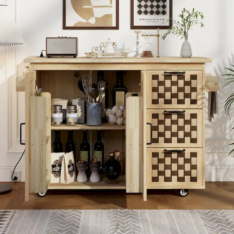 Îlot de cuisine avec motif damier tissé en 3D, abattant, étagère de rangement interne, prise de courant, 3 tiroirs et 2 placards