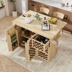 Îlot de cuisine avec motif damier tissé en 3D, abattant, étagère de rangement interne, prise de courant, 3 tiroirs et 2 placards