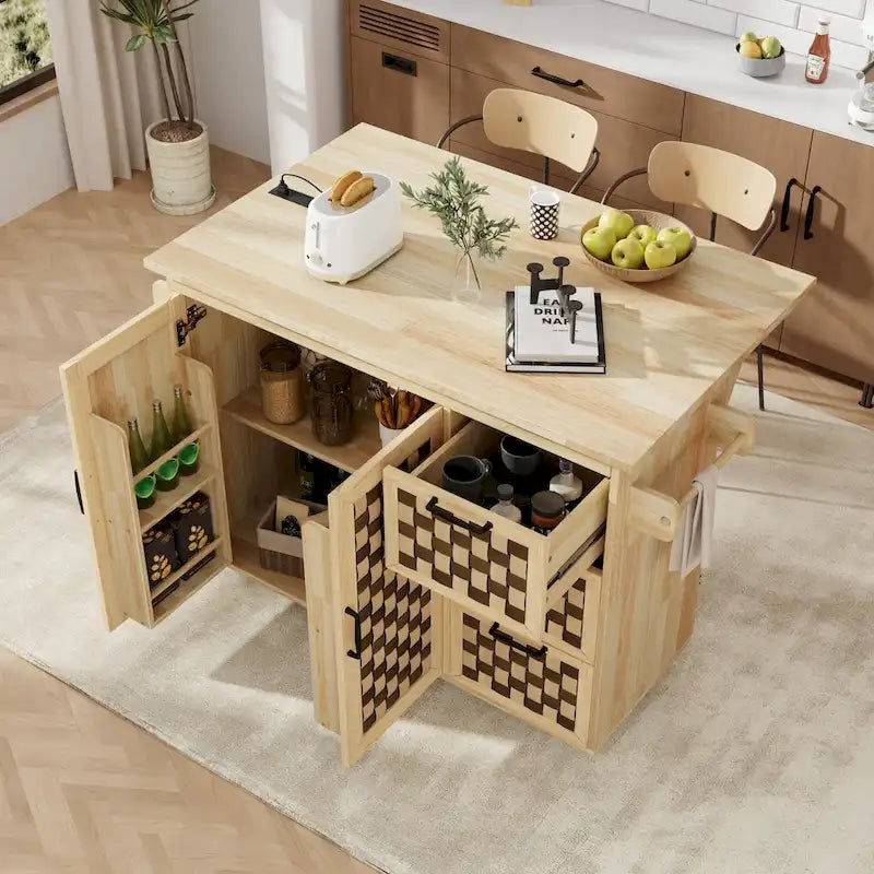Îlot de cuisine avec motif damier tissé en 3D, abattant, étagère de rangement interne, prise de courant, 3 tiroirs et 2 placards