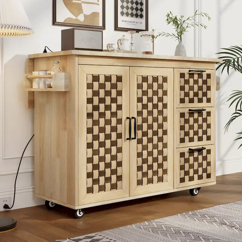 Îlot de cuisine avec motif damier tissé en 3D, abattant, étagère de rangement interne, prise de courant, 3 tiroirs et 2 placards