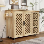 Îlot de cuisine avec motif damier tissé en 3D, abattant, étagère de rangement interne, prise de courant, 3 tiroirs et 2 placards
