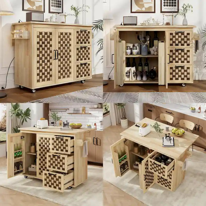 Îlot de cuisine avec motif damier tissé en 3D, abattant, étagère de rangement interne, prise de courant, 3 tiroirs et 2 placards