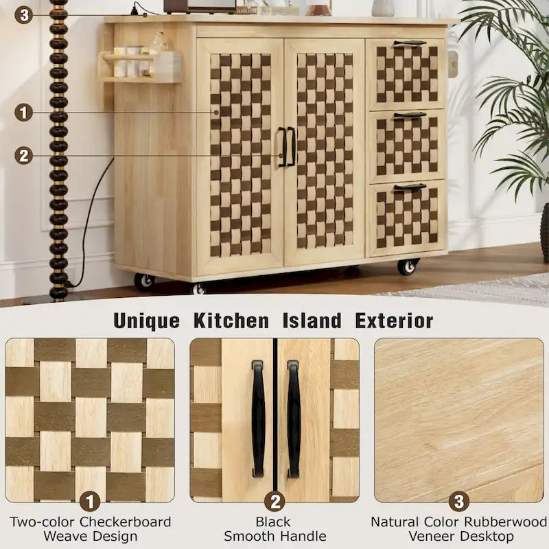 Îlot de cuisine avec motif damier tissé en 3D, abattant, étagère de rangement interne, prise de courant, 3 tiroirs et 2 placards
