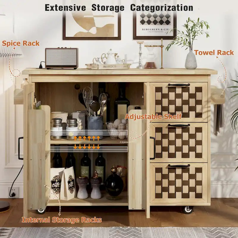Îlot de cuisine avec motif damier tissé en 3D, abattant, étagère de rangement interne, prise de courant, 3 tiroirs et 2 placards