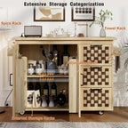 Îlot de cuisine avec motif damier tissé en 3D, abattant, étagère de rangement interne, prise de courant, 3 tiroirs et 2 placards