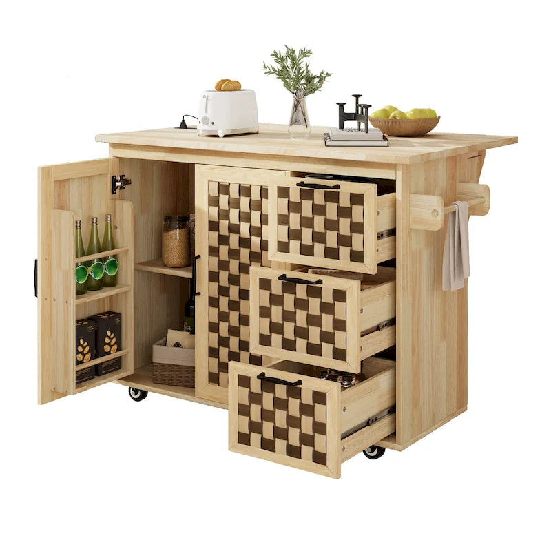 Îlot de cuisine avec motif damier tissé en 3D, abattant, étagère de rangement interne, prise de courant, 3 tiroirs et 2 placards
