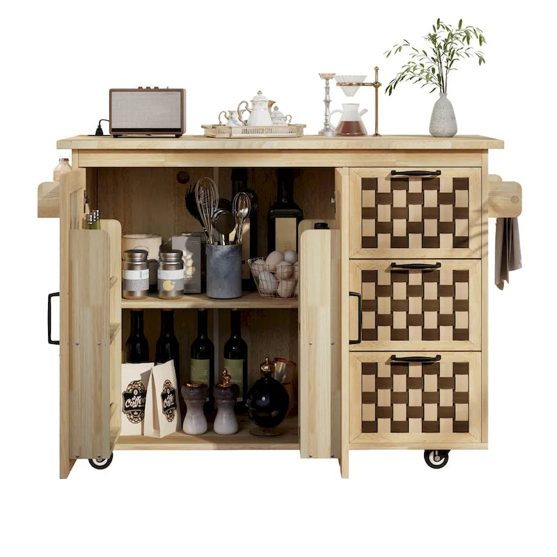 Îlot de cuisine avec motif damier tissé en 3D, abattant, étagère de rangement interne, prise de courant, 3 tiroirs et 2 placards