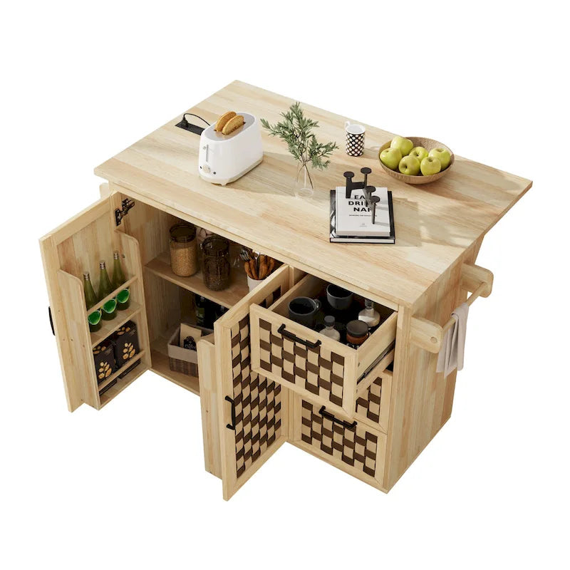 Îlot de cuisine avec motif damier tissé en 3D, abattant, étagère de rangement interne, prise de courant, 3 tiroirs et 2 placards