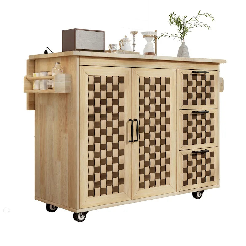Îlot de cuisine avec motif damier tissé en 3D, abattant, étagère de rangement interne, prise de courant, 3 tiroirs et 2 placards