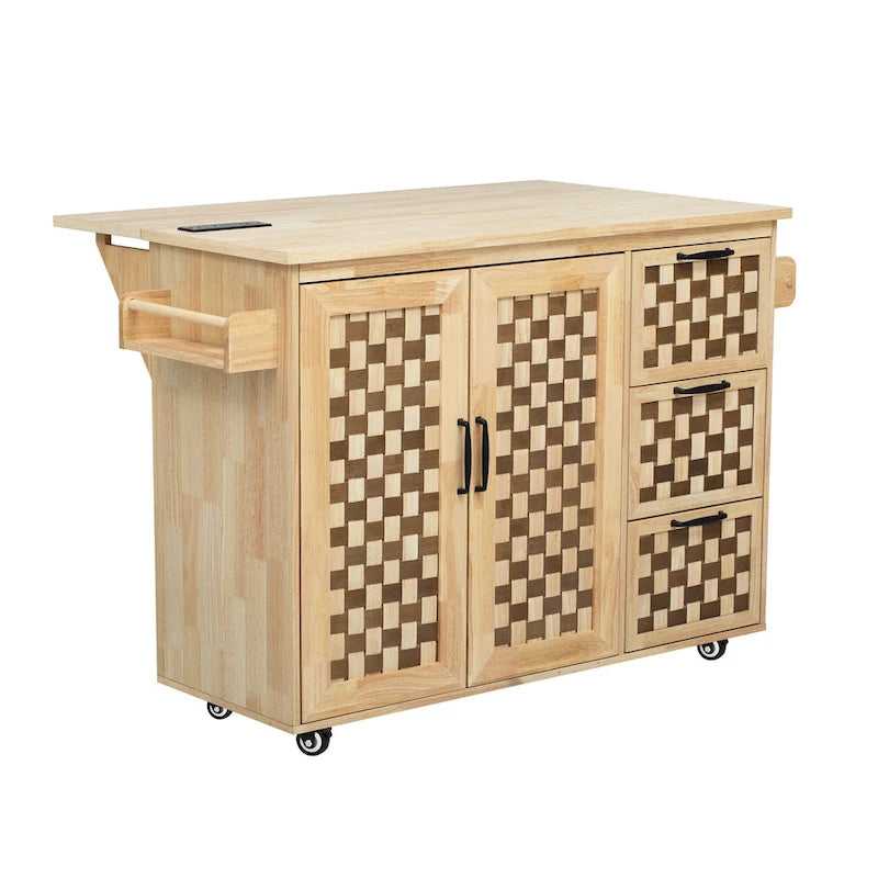 Îlot de cuisine avec motif damier tissé en 3D, abattant, étagère de rangement interne, prise de courant, 3 tiroirs et 2 placards