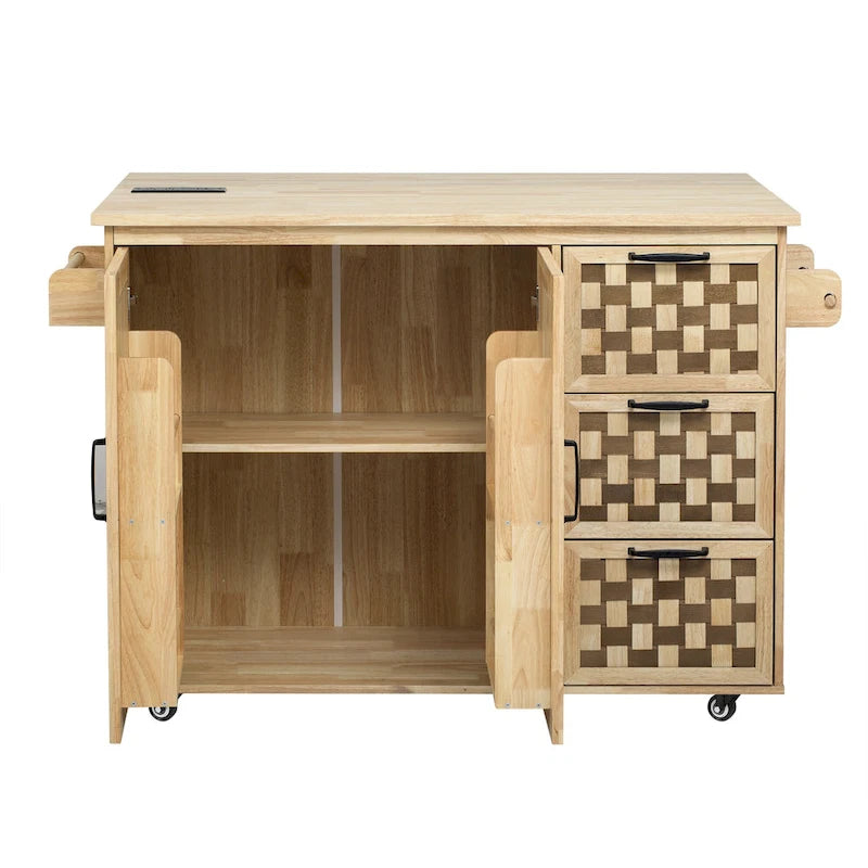 Îlot de cuisine avec motif damier tissé en 3D, abattant, étagère de rangement interne, prise de courant, 3 tiroirs et 2 placards