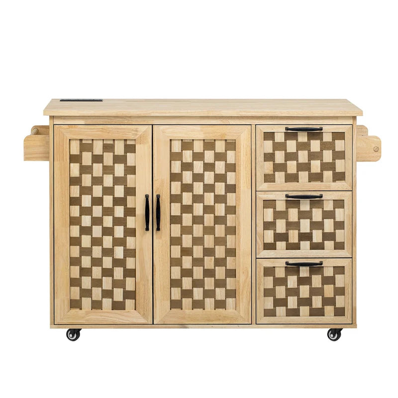 Îlot de cuisine avec motif damier tissé en 3D, abattant, étagère de rangement interne, prise de courant, 3 tiroirs et 2 placards