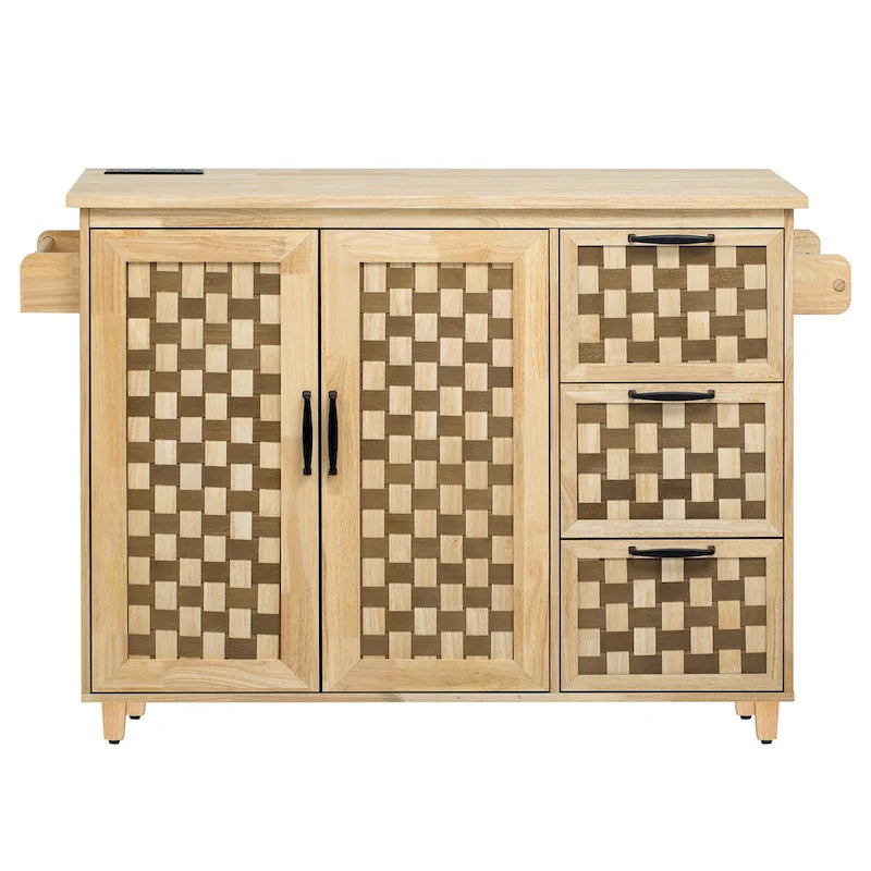 Îlot de cuisine avec motif damier tissé en 3D, abattant, étagère de rangement interne, prise de courant, 3 tiroirs et 2 placards