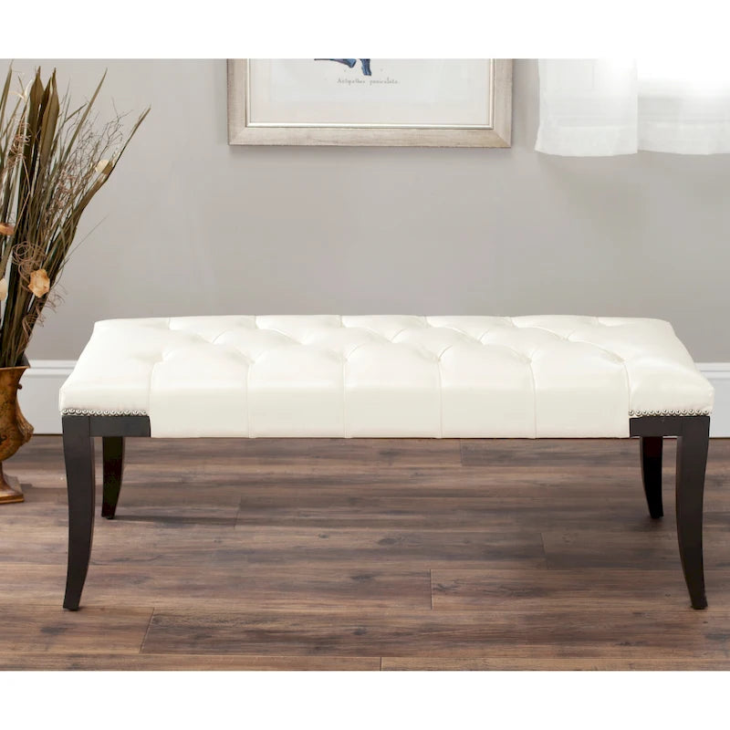 Banc d'appoint capitonné crème à clous décoratifs – 48 larg. x 20 prof. x 19 haut.