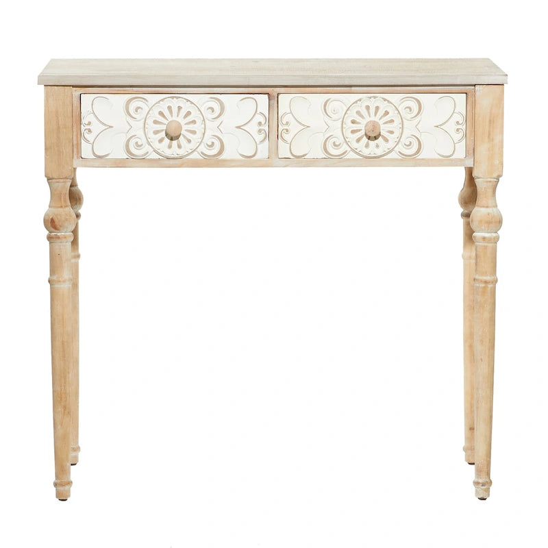Console 2 tiroirs sculptée florale de ferme – Marron, entièrement assemblée