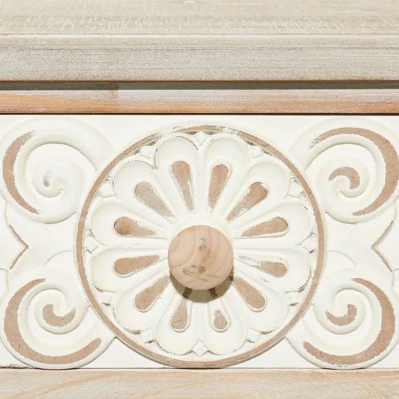 Console 2 tiroirs sculptée florale de ferme – Marron, entièrement assemblée