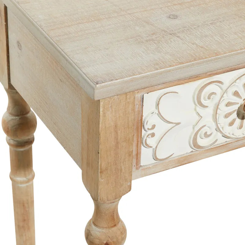 Console 2 tiroirs sculptée florale de ferme – Marron, entièrement assemblée