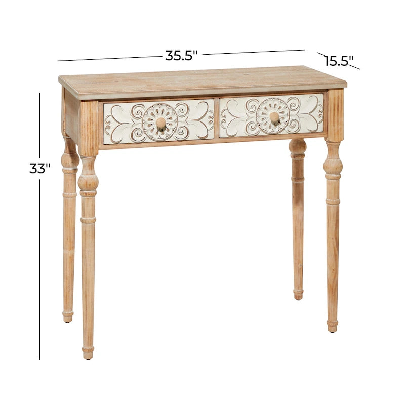 Console 2 tiroirs sculptée florale de ferme – Marron, entièrement assemblée