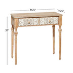 Console 2 tiroirs sculptée florale de ferme – Marron, entièrement assemblée