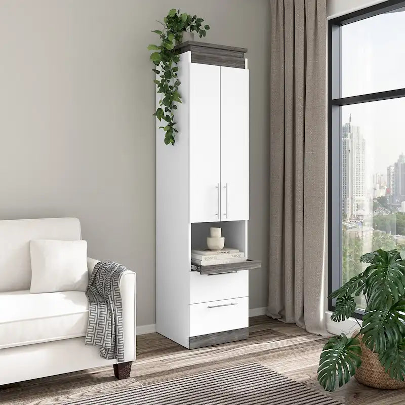 Meuble de rangement étroit avec tiroirs et tablette coulissante