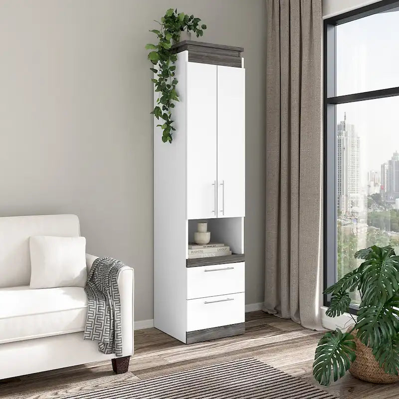 Meuble de rangement étroit avec tiroirs et tablette coulissante