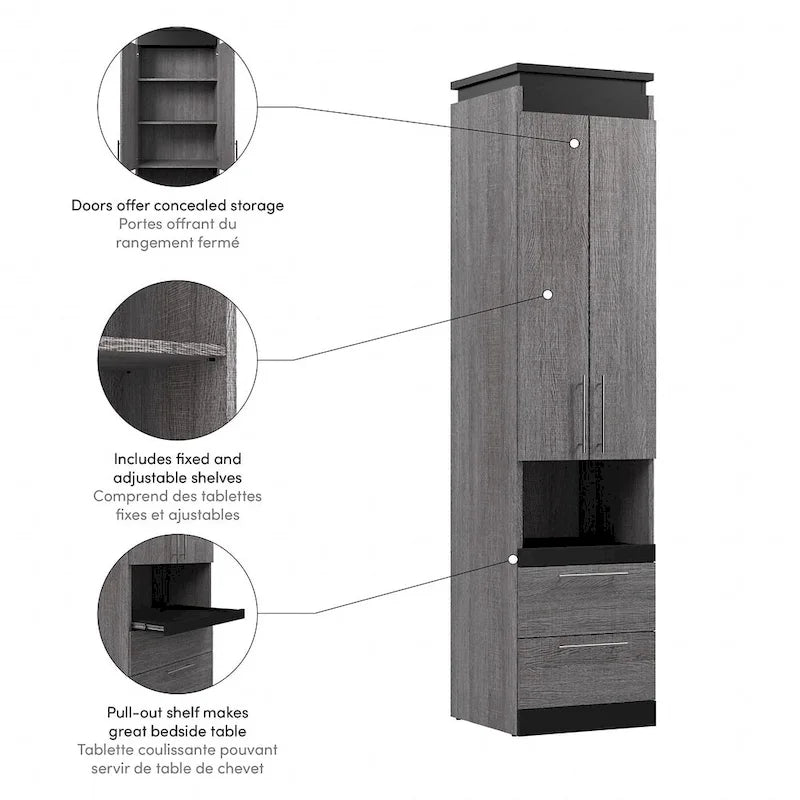 Meuble de rangement étroit avec tiroirs et tablette coulissante