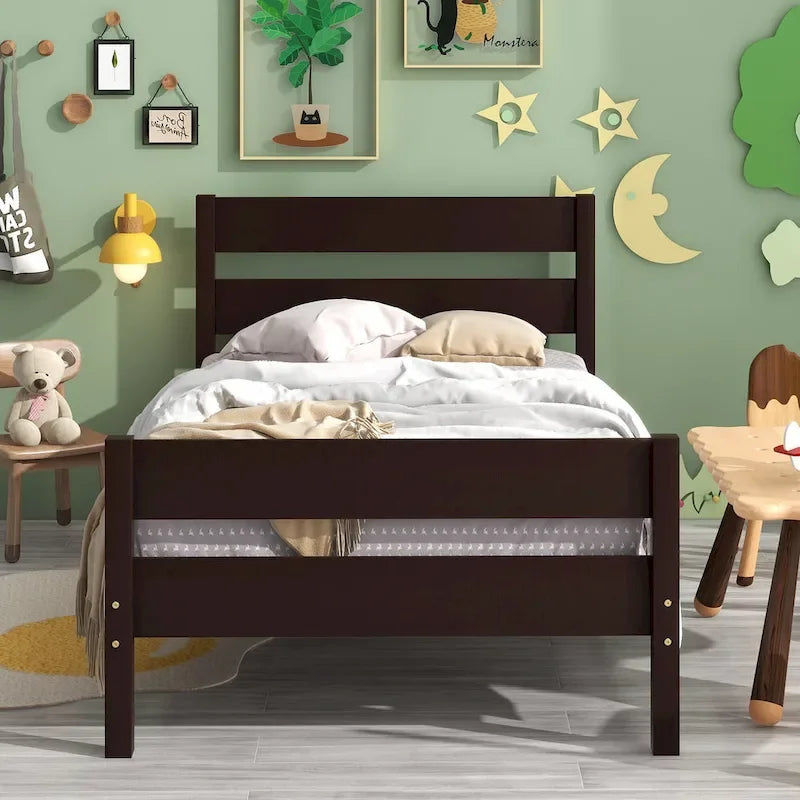 Lit en bois avec tête et pied de lit, taille jumeau