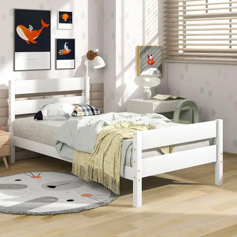 Lit en bois avec tête et pied de lit, taille jumeau