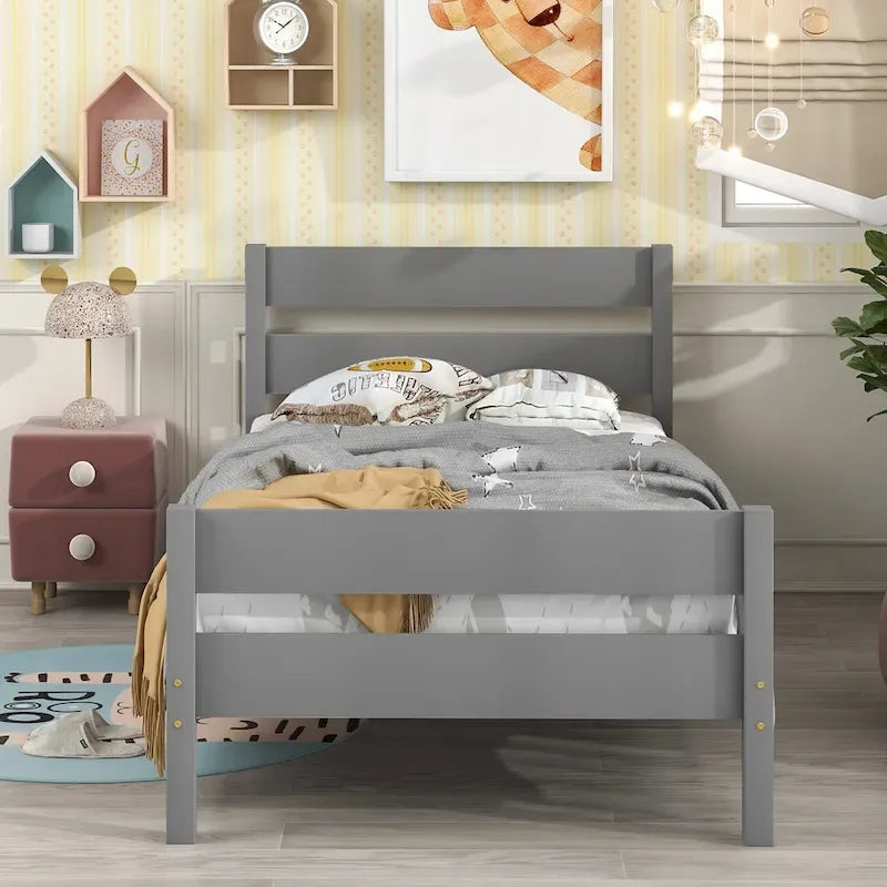 Lit en bois avec tête et pied de lit, taille jumeau