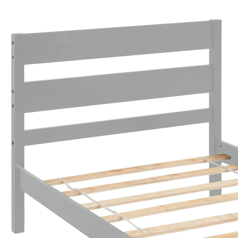Lit en bois avec tête et pied de lit, taille jumeau