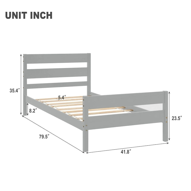 Lit en bois avec tête et pied de lit, taille jumeau