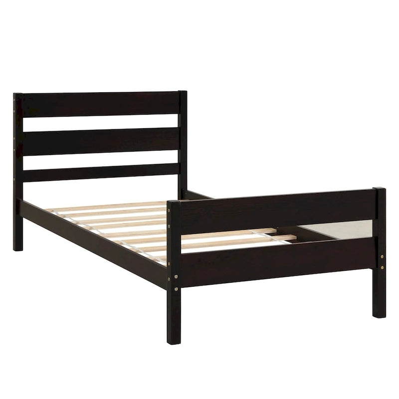 Lit en bois avec tête et pied de lit, taille jumeau