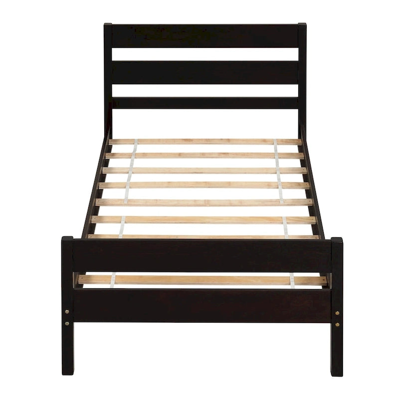 Lit en bois avec tête et pied de lit, taille jumeau