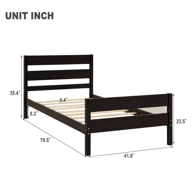 Lit en bois avec tête et pied de lit, taille jumeau