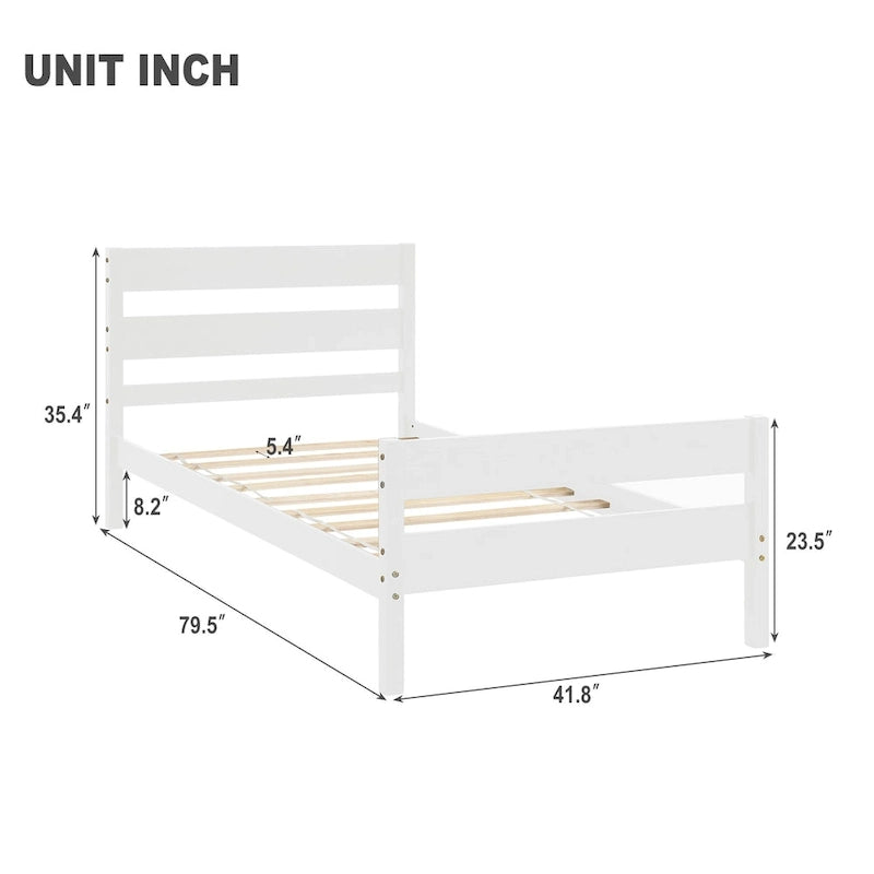 Lit en bois avec tête et pied de lit, taille jumeau