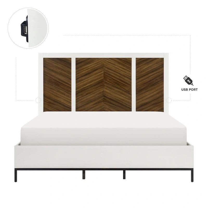 Tête de lit 1 pièce à motif chevrons, finition blanc et noyer