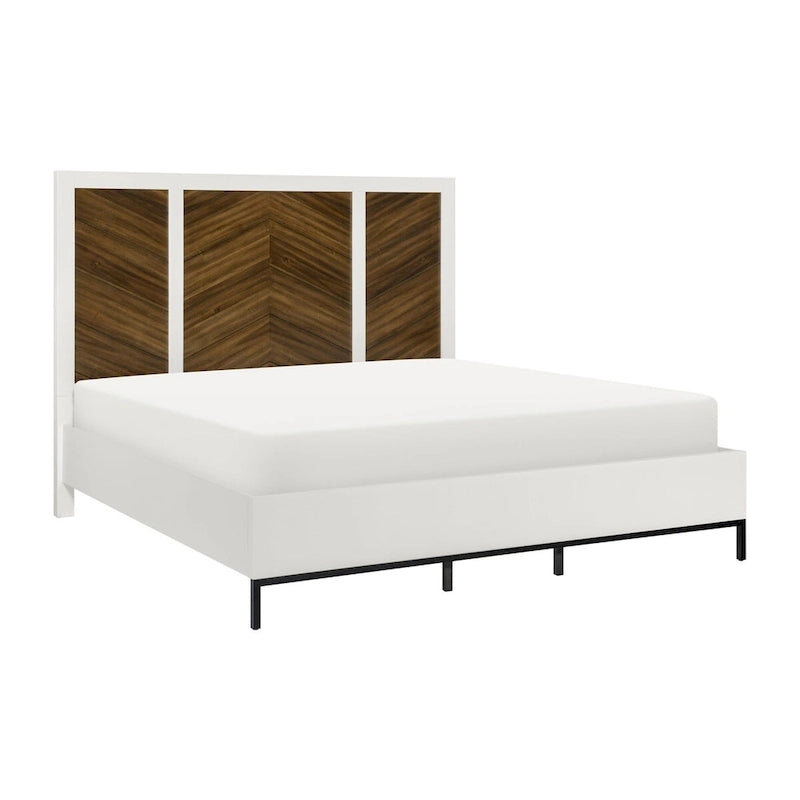 Tête de lit 1 pièce à motif chevrons, finition blanc et noyer