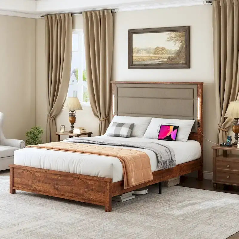 Cadre de lit Queen Size avec tête de lit rembourrée, avec station de recharge et lumières LED, lattes en bois, aucun sommier tapissier requis