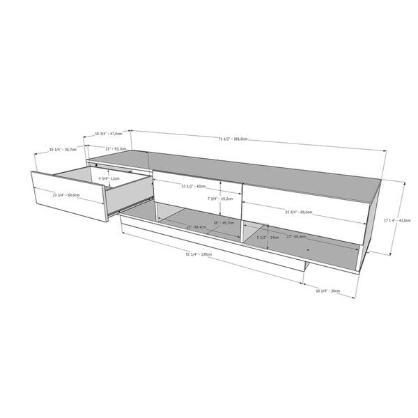 Meuble TV rustique de 183 cm avec 3 tiroirs et rangements ouverts