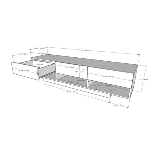 Meuble TV rustique de 183 cm avec 3 tiroirs et rangements ouverts