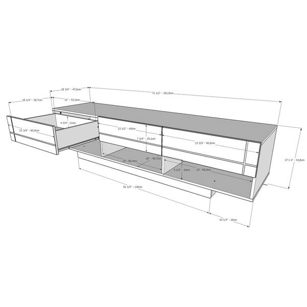 Meuble TV rustique de 183 cm avec 3 tiroirs et rangements ouverts