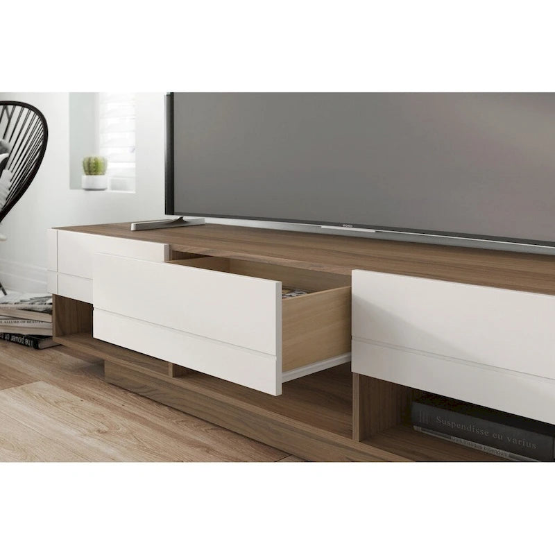 Meuble TV rustique de 183 cm avec 3 tiroirs et rangements ouverts