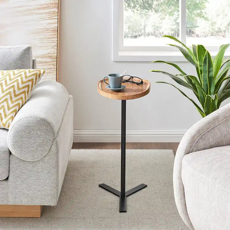 Table d'appoint ovale en forme de larme avec bord surélevé et piétement en métal en Y
