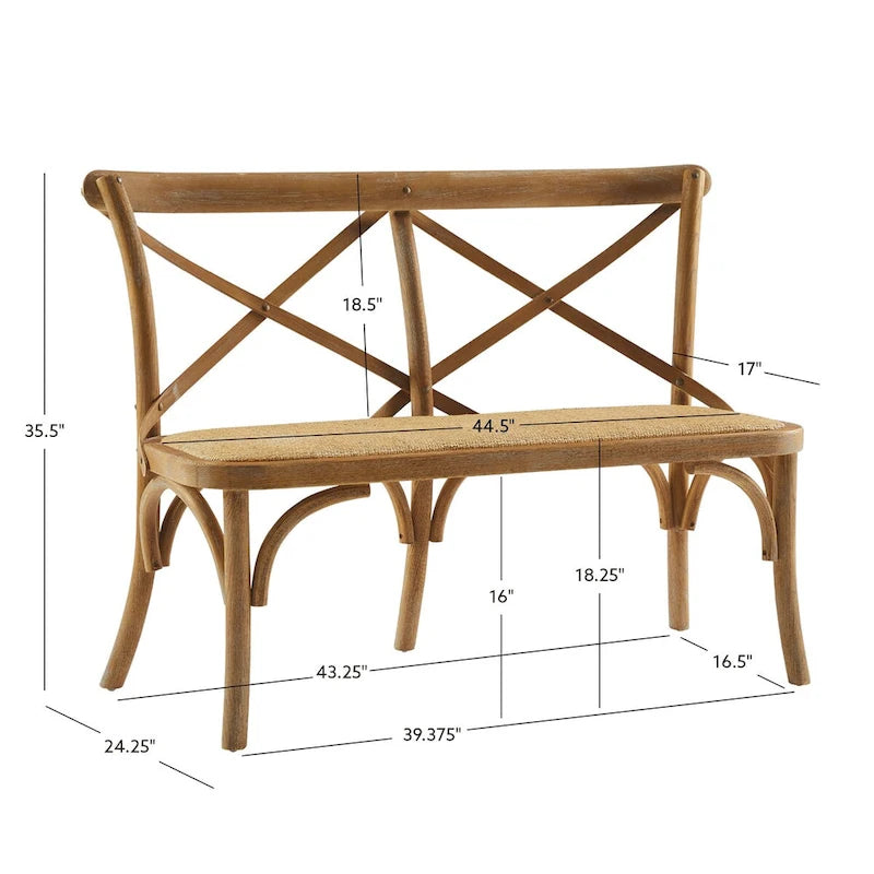 Banc de salle à manger avec dossier croisé en rotin courbé brun antique - Entièrement assemblé